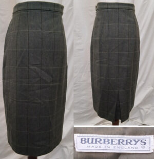 Burberry's Wool Pencil Skirt Womens 1 Green/Brown Herringbone Check 1990s #W5027